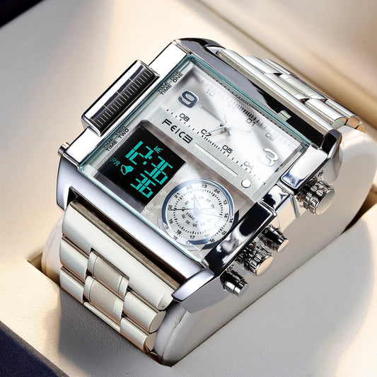 FEICE Men's Watch Large Dial Waterproof Wristwatch Business Quartz Square Multifunction Stainless Steel Strap Waterproof FK030