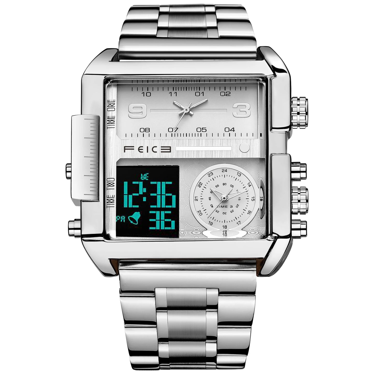 FEICE Men's Watch Large Dial Waterproof Wristwatch Business Quartz Square Multifunction Stainless Steel Strap Waterproof FK030