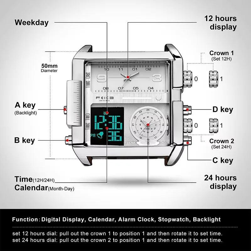 FEICE Men's Watch Large Dial Waterproof Wristwatch Business Quartz Square Multifunction Stainless Steel Strap Waterproof FK030