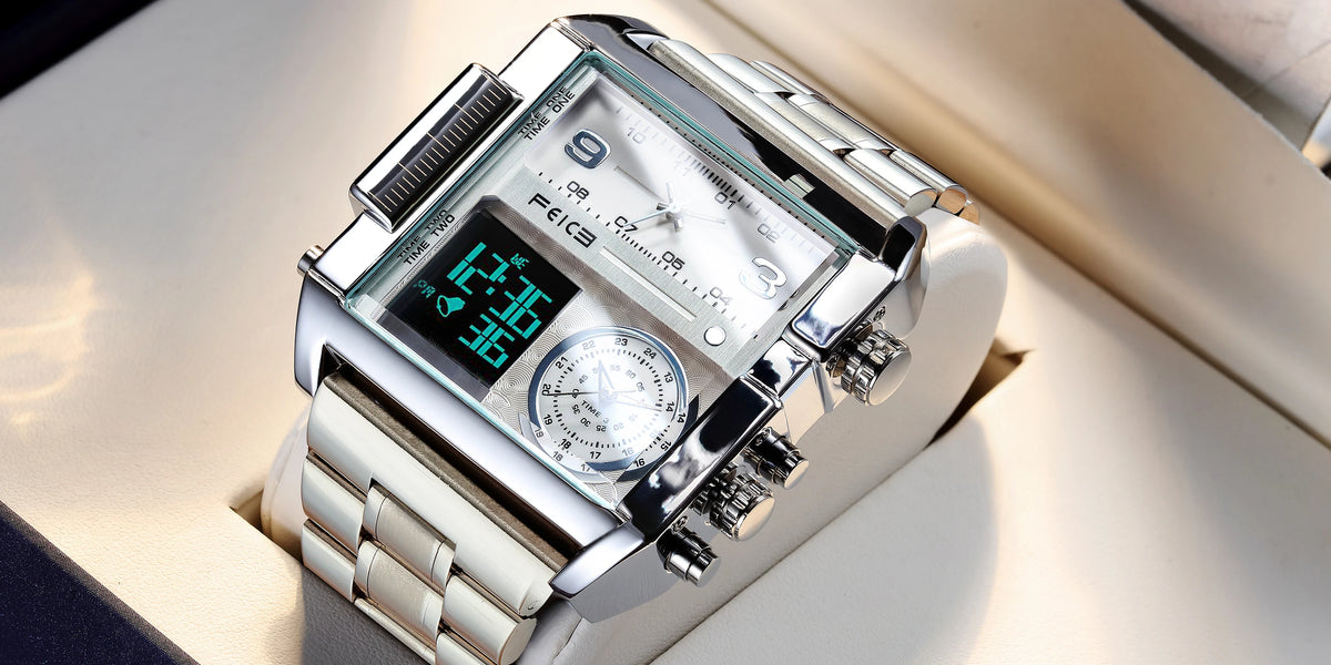 FEICE Men's Watch Large Dial Waterproof Wristwatch Business Quartz Square Multifunction Stainless Steel Strap Waterproof FK030
