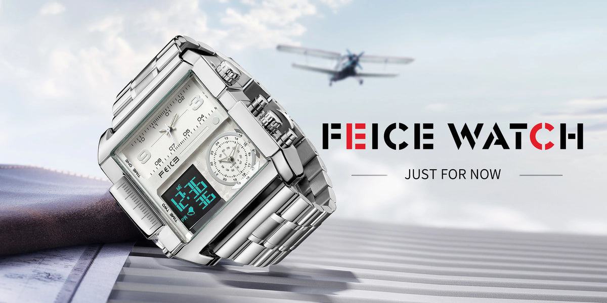 FEICE Men's Watch Large Dial Waterproof Wristwatch Business Quartz Square Multifunction Stainless Steel Strap Waterproof FK030