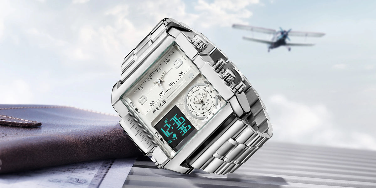 FEICE Men's Watch Large Dial Waterproof Wristwatch Business Quartz Square Multifunction Stainless Steel Strap Waterproof FK030
