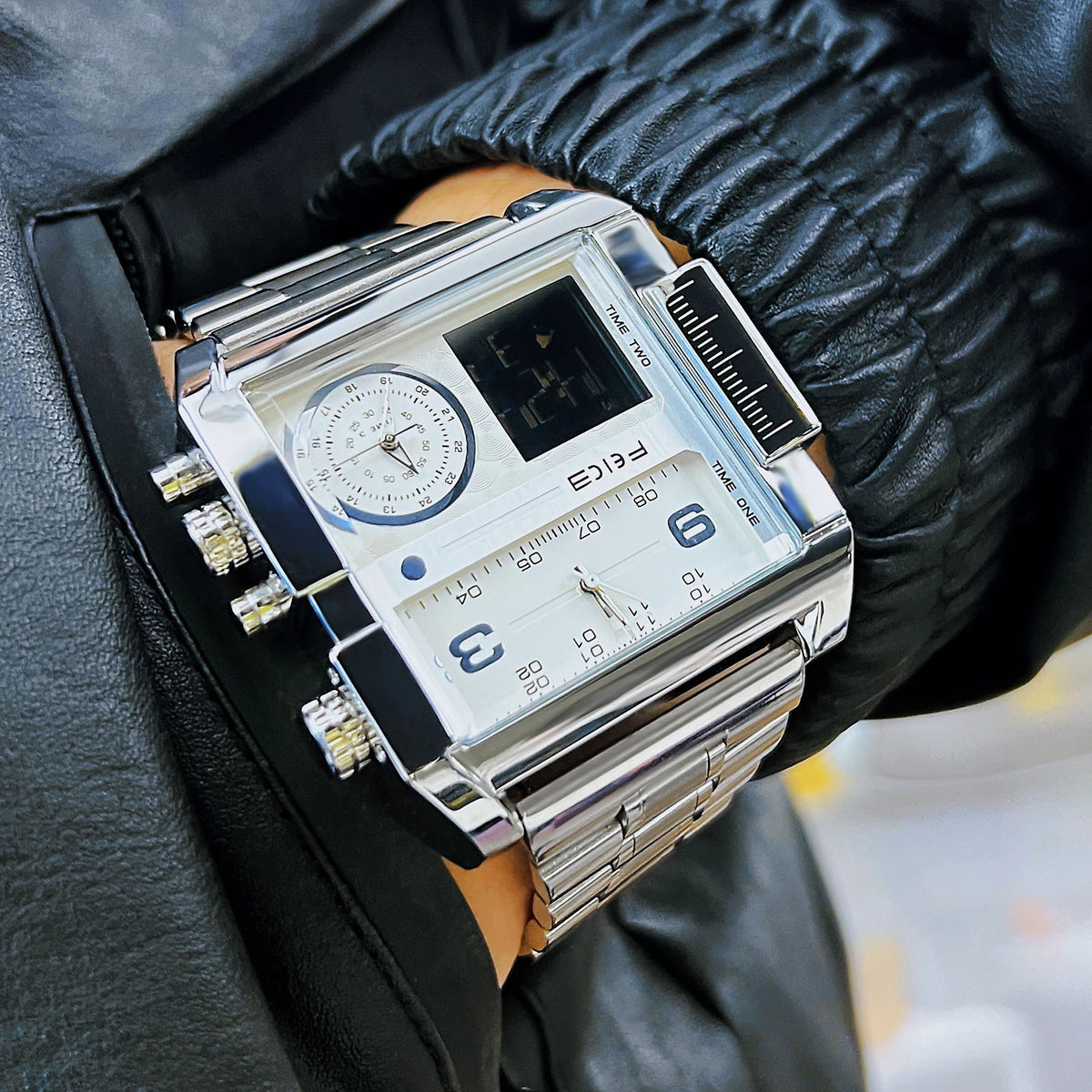 FEICE Men's Watch Large Dial Waterproof Wristwatch Business Quartz Square Multifunction Stainless Steel Strap Waterproof FK030